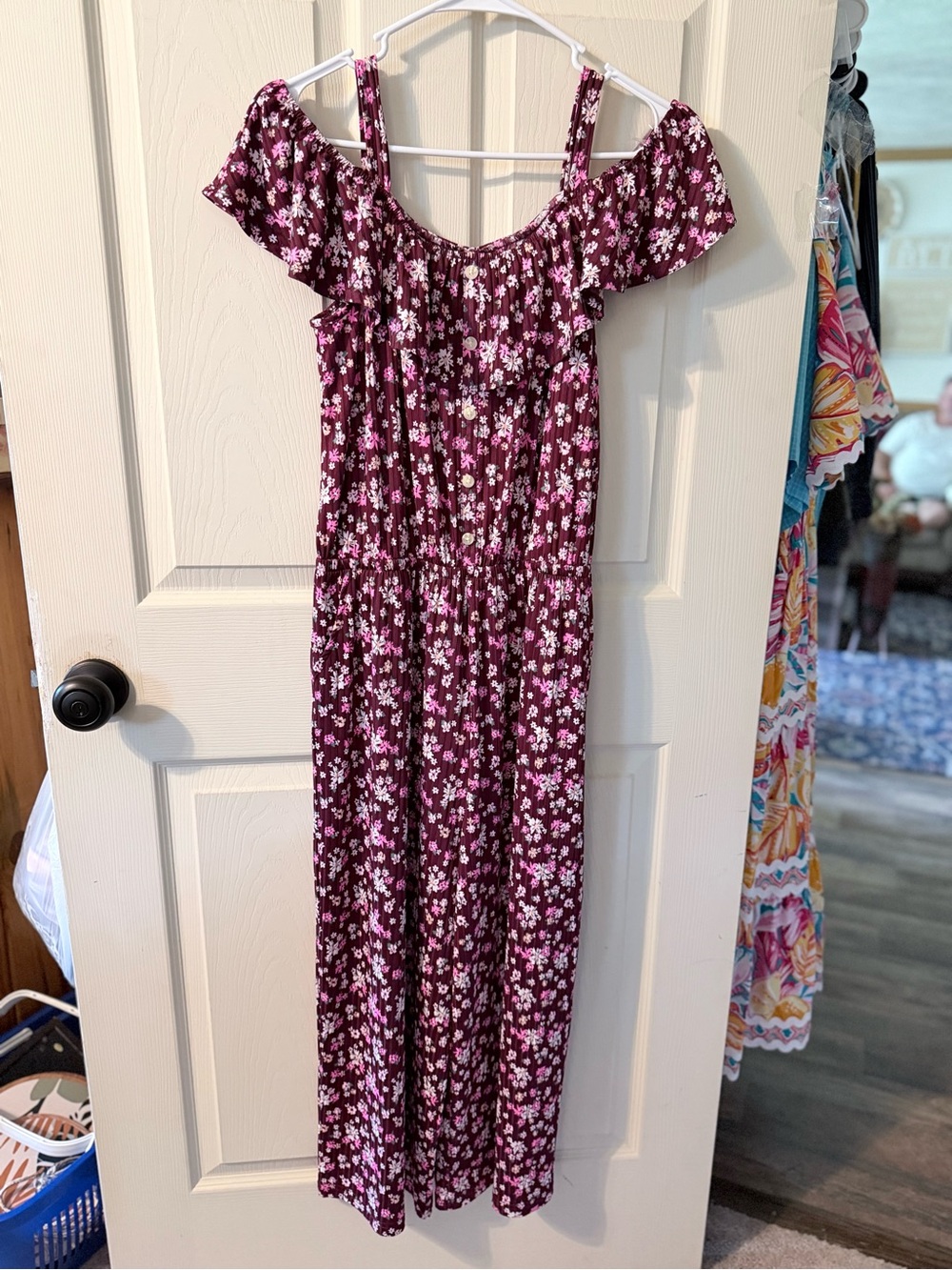 Justice Burgundy Floral Off-Shoulder Jumpsuit with Pink Blossoms